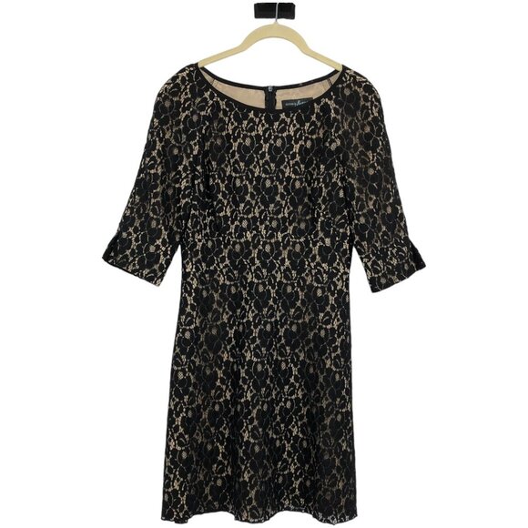 Guess by Marciano Black & Nude Floral Lace overlay half sleeve Midi Dress 6 - Picture 1 of 16